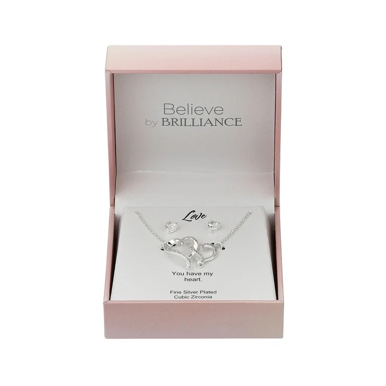 Believe By Brilliance Women's Silver Plated Double Heart Necklace & Earring Set